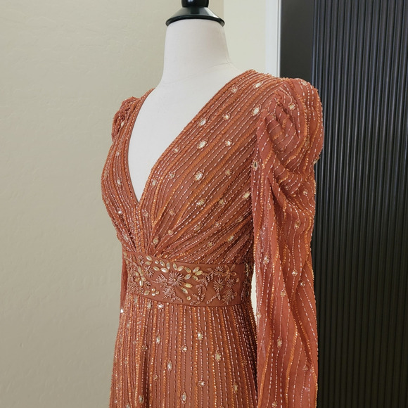 Mac Duggal 5593 Cognac Orange 2 Embellished V Long Sleeve Evening Midi Dress - Picture 7 of 14